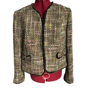INC Vintage Size 14P Wool Blend Y2K‎ Tweed Blazer With Velvet Trim Bow Pockets